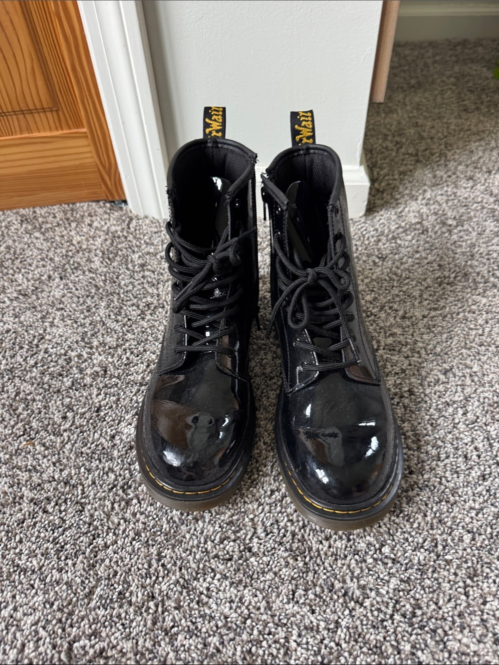 Dr. Martens Black Patent Lace-Up Boots with Yellow Tag